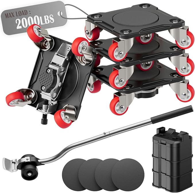 Furniture Movers with Parking Lock, 5-Wheel & Locking Dollies Set with Furniture Lifter and Base, 360° Swivel Casters, Non-Slip Pads, Up to 2000 lbs Load Capacity