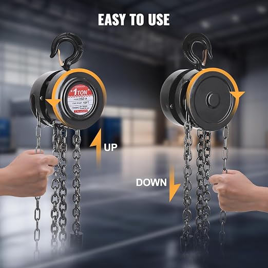 Hand Chain Hoist, 1 Ton/2200 lbs Capacity, Heavy Duty Steel Chain Fall Hoist with 10 Ft Lifting Height, Manual Chain Block Hoist with 2 Chain Hooks for Lifting in Transport & Workshop