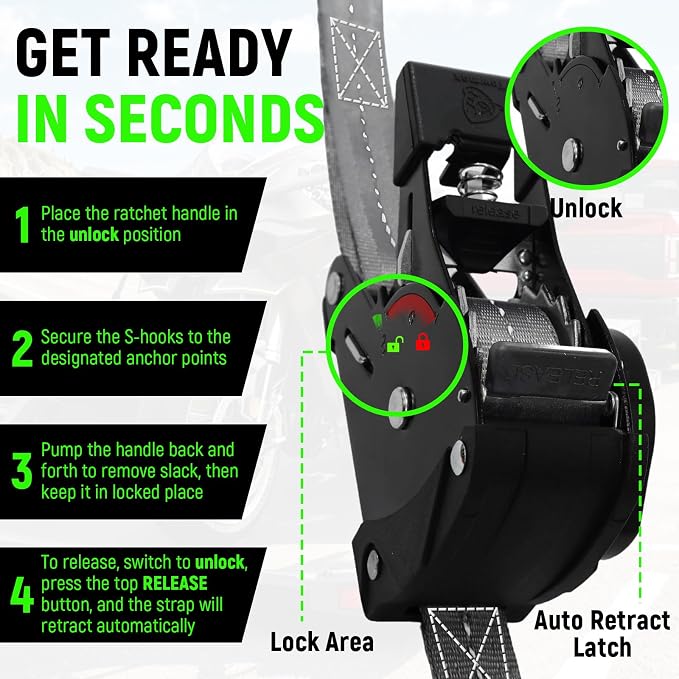 Retractable Ratchet Straps (Patented-2pack) - 1 inch x 10Feet (1,800lb Break Strength) Auto Self Retracting Tie Down Straps - Self Retractable Straps with Refletcive for Motorcyle, Truck or Cargo