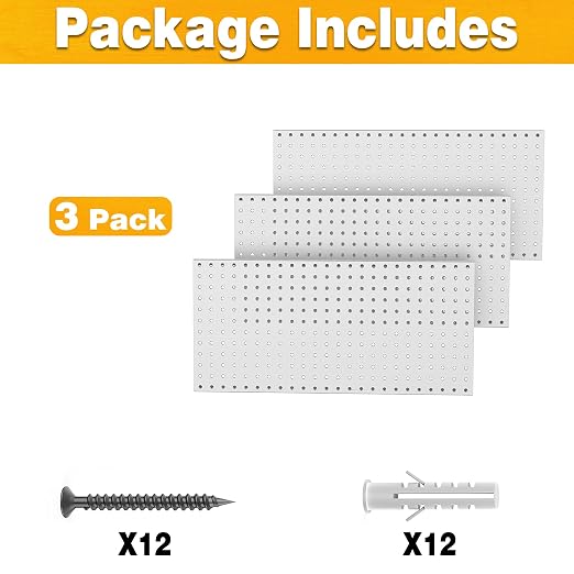 Pegboard Smith Metal Pegboard Panels 12" x 24", 3 Pack Grey Wall Mounted Tool Organizer Boards, Heavy Duty Tool Storage Peg Board for Garage, Workbench, Office, Fits 1/4" Peg Hooks
