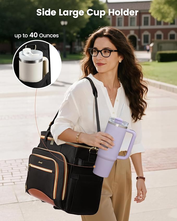 LOVEVOOK Rolling Teacher Bag with Detachable Dolly and Laptop Compartment, Large Rolling Tote Bag fits for 17.3" Laptop for Teacher Office Work Craft Nurse, Quilted-Black
