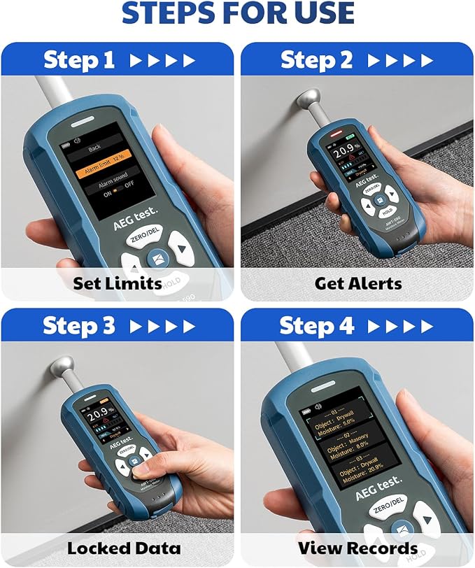 AWT-590 Rechargeable Pinless Moisture Meter for Wood, Drywall & Masonry, Wood Moisture Meter with Adjustable Alarm, Data Records, Non-Invasive Hemispherical Water Leak Detector for Home