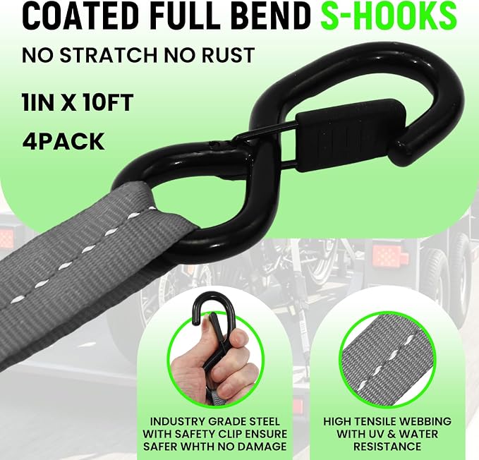 Retractable Ratchet Straps (Patented-2pack) - 1 inch x 10Feet (1,800lb Break Strength) Auto Self Retracting Tie Down Straps - Self Retractable Straps with Refletcive for Motorcyle, Truck or Cargo