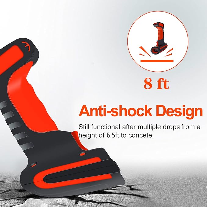 Alacrity Upgraded 2D Industrial Barcode Scanner with Wireless Charging Stand, 1968 Feet Transmission Distance 433Mhz Wireless & Bluetooth 2in1 Barcode Reader, Shock Dust Proof Hands Free, Red