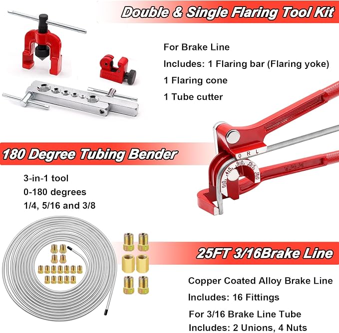 Tnisesm 3/16Inch Brake Line kit Include Zinc-Plated Brake Lines with Fitting (16Pcs Fittings,2Pcs Unions+4Pcs Nut) Brake line Bender Single Flare Tool,Cutter 3/16Inch Brake line kit