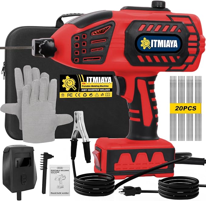 ITMIAYA® Portable Welding Machine 110V ARC Stick Welder Handheld for Metal IGBT Inverter 20-120Amps Stepless Current 1/16"-3/32" Electrodes Home Repair DIY Work (Red)