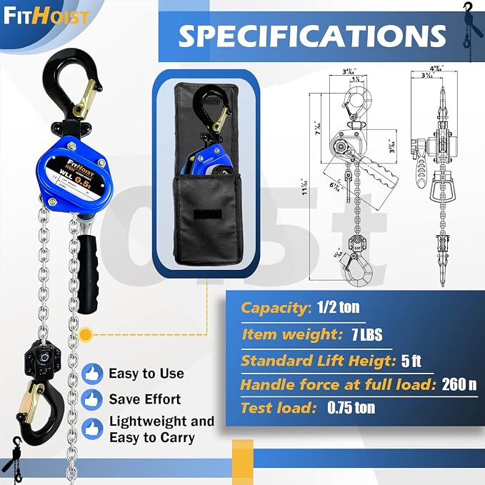 Mini Chain Hoist 1/2 Ton 1100Lbs Capacity 5Ft Lift Manual lever chain hoist Alloy Steel G80 Chain 2 Heavy Duty Hooks, for Garages Warehouse Automotive Machinery