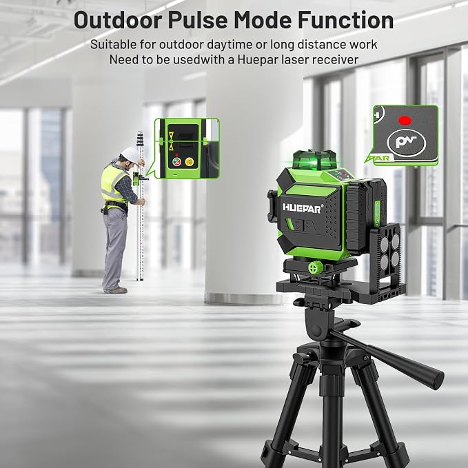 Huepar 4 x 360 Laser Level Self-leveling 4D Green Beam Cross Line 16 Lines Tiling Floor Laser Tool - 2 x 360 Horizontal/Vertical Laser Lines -rechargeable & Integrated Magnetic Bracket 704CG