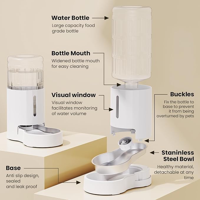 CZPET Elevated Dog Water Bowl Dispenser for Large Dogs,8L Tall Raised Pet Waterer Stand,Relieve Neck Pressure,Large Capacity and Drinking Area Noise-Free for Pets (8L+Stand,White)