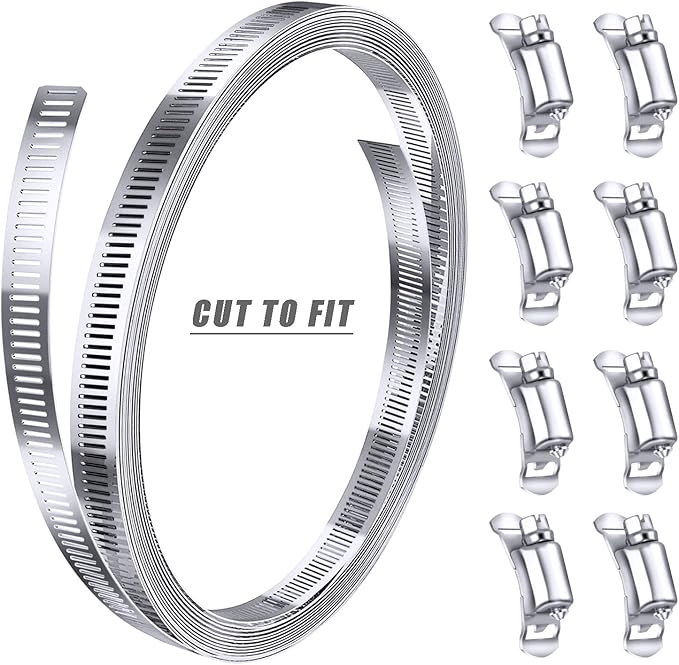 304 Stainless Steel Hose Clamp Assortment Kit DIY, Cut-To-Fit 12 FT Metal Strap+8 Stronger Fasteners,Large Adjustable Worm Gear Band Hose Clamps Screw Clamps Duct Pipe Metal Clamp Strapping