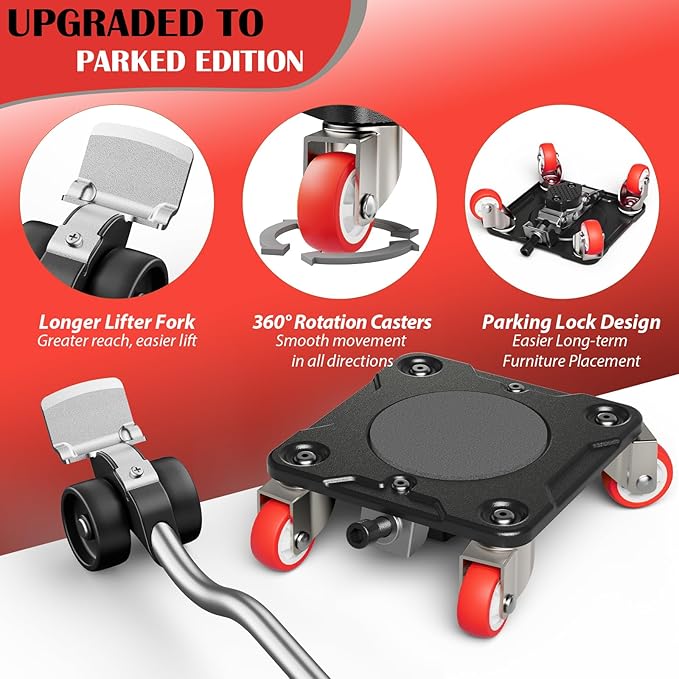 Furniture Movers with Parking Lock, 5-Wheel & Locking Dollies Set with Furniture Lifter and Base, 360° Swivel Casters, Non-Slip Pads, Up to 2000 lbs Load Capacity