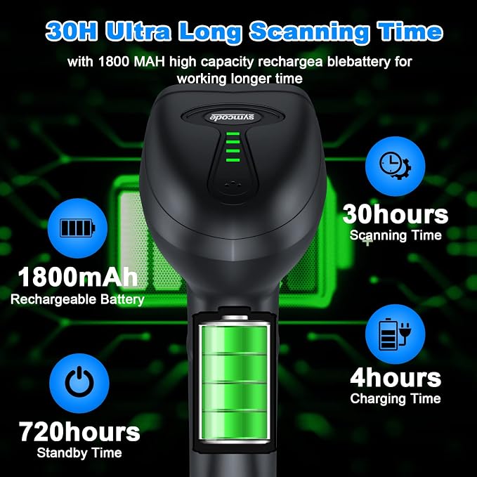 Symcode Bluetooth Wireless Barcode Scanner with Auto-Sensing Stand,Putting on Stand to Scan Automatically Sense Scanning 2D QR Bluetooth Barcode Scanner with Battery Level Indicator More-to-one Mode