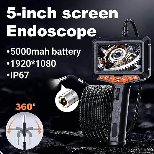 Two-Way Articulating Borescope with Light, 5" HD Screen Industrial Endoscope Inspection Camera with Articulated Probe, Flexible Snake Scope for Automotive, Engine and Wall Inspection