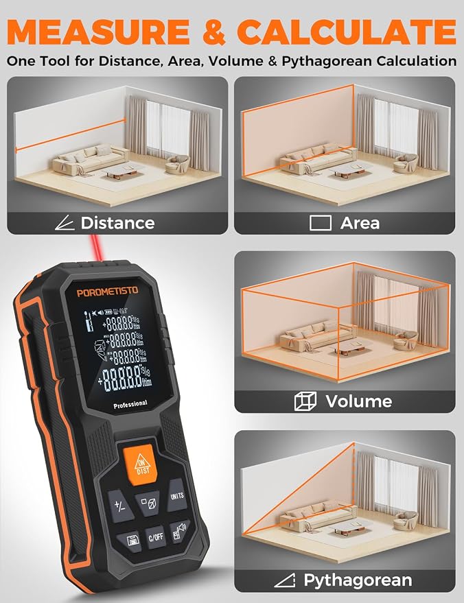 Laser Measure Tool (262ft/80m, ±2mm) with Tripod Mount and Angle Sensor | POROMETISTO 12 Modes（ Angle, Area, Volume, Pythagorean）Handheld Laser Distance meter for Home Construction