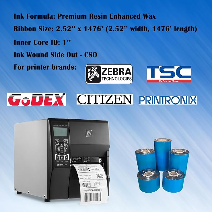12 Rolls 2.52'' x 1476' Premium Resin Enhanced Wax Ribbon, 64mm x 450m Black Thermal Transfer Ribbon, Barcode Thermal Label Printer Ribbon, CSO-Ink Outside, 1'' Core for Zebra, TSC, GoDex, Citizen