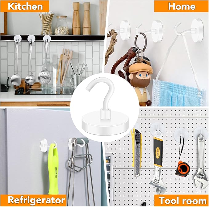 MIKEDE Magnetic Hooks Heavy Duty 170LB Super Strong Hooks for Cruise | Neodymium Earth Magnets with Hook for Hanging Magnetic Metal Hanger for Fridge Toolbox Storage White 4 Pack