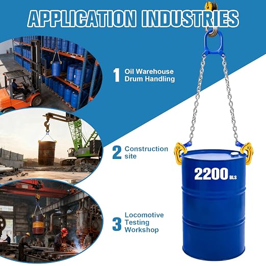 1-Ton Chain Drum Lifter 2200 lbs Vertical Drum Lifter with Self-Locking Hook Barrel Clamp for 55 Gallon Drum Lift Industrial Lifter for Chemical Construction & Port Applications