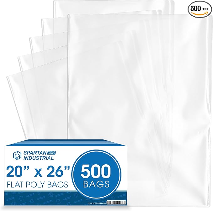 20" X 26" Open-End Flat Clear Poly Bags (500 Count) - 1.1 Mil Clear Plastic Bags for Packaging, Clothing, Storage - No Adhesive Strip - Spartan Industrial