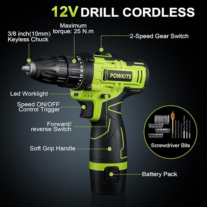Cordless Drill Tool Set: 12V Power Drill Tool Kit with Battery & Charger, 25+1 Torque Setting, Portable Household Basic Drills Case for Men & Women, 2-Speed Electric Drill Set, 142 Piece, Green