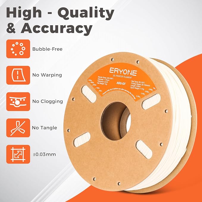 ERYONE ABS Filament, ABS+ 3D Printer Filament 1.75mm +/- 0.03mm, Heat Resistant, High Toughness & Impact Resistance, 1kg (2.2LBS)/Spool, ABS Glass Fiber White