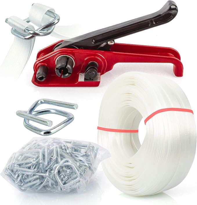 Heavy Duty Packing Strapping kit, Pallet Packing Strapping Tool, 3/4" x 320' Woven Cord Strapping Set, 2000 lbs Break Strength, Metal Buckles, Polypropylene Cord Strapping Tensioner