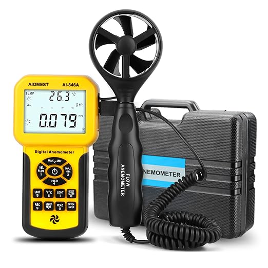 AIOMEST Precise CFM Meter Handheld HVAC Anemometer - Air Flow Tester Measure 0.001~100mph Wind Speed/Air Velocity Airflow Volume, Professional CFM Gauge AI-846A with Anemometro Case