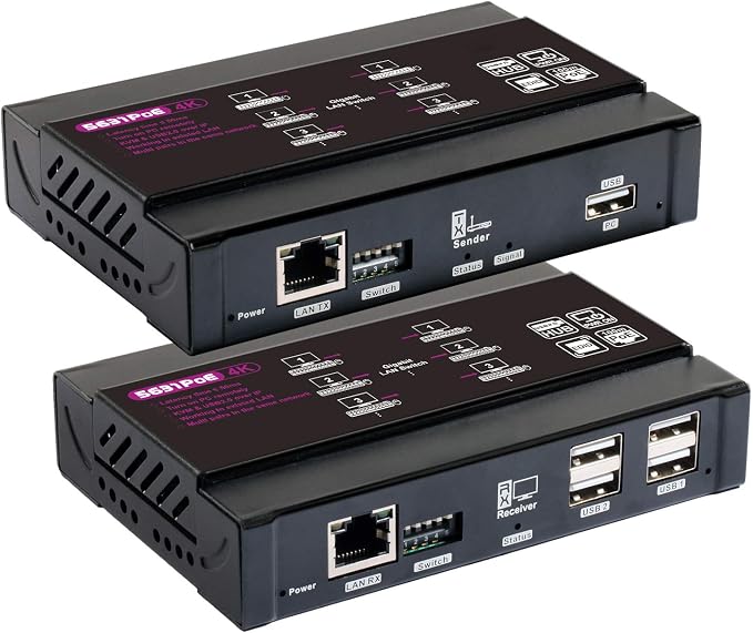 Basicolor 4K PoE HDMI KVM Extender Over IP, USB Ethernet Extender Over Cat5 Cat6 up to 328ft(100m), Plug & Play Lossless & Near Zero Latency, Support Point to Point & TX RX Team Connection