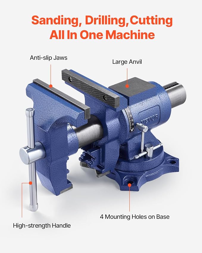 VEVOR Heavy Duty Bench Vise, 6.5 Inch Jaw Width, 5 Inch Max Opening, Multi-Purpose Ductile Iron, Anvil, 360° Swivel Base, 5620 Lbs Clamp Force