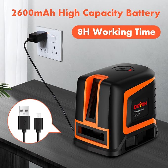 DOVOH Rechargeable Laser Level Self Leveling Cross Line, C2-120G | Green Beam, Dual Lasers, 2600mAh Li-ion Battery, 66ft, For Home DIY, Hanging Pictures, Tiling