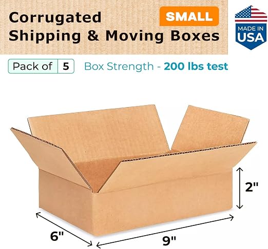 Small Moving & Shipping Boxes 9 x 6 x 2 inches (5-Pack) - Extra Strength 200 lb vs Regular - USA-Made Corrugated Strong Cardboard Boxes - Corrugated Small Box for Shipping & Packaging by IDL Packaging
