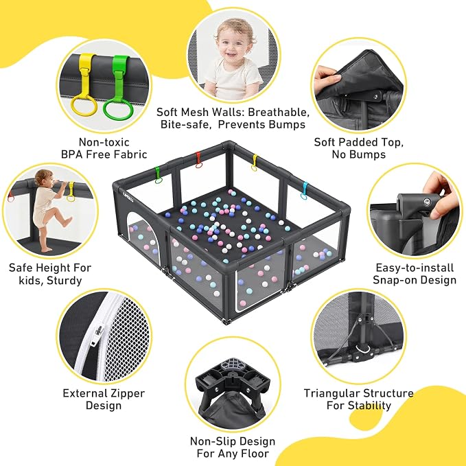 Baby Playpen Foldable Playpen for Babies and Toddlers, Extra Large Playpens Portable Play Pen Travel Activity Center for Kids Indoor Outdoor Pack and Play Baby Shower Gifts, 71"X59" Dark Grey