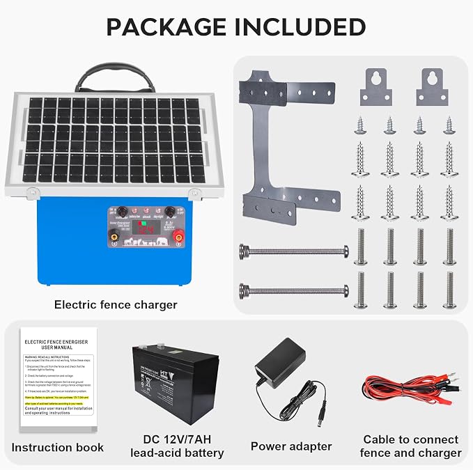 20 Miles Solar Electric Fence Charger,Auto-Adjusting Electric Output Voltage,0.5 Joule Electric Fence Energizer with 7.5W Solar Panel/7Ah Battery,for Livestock,Cattle,Raccoon, Deer,Goat.