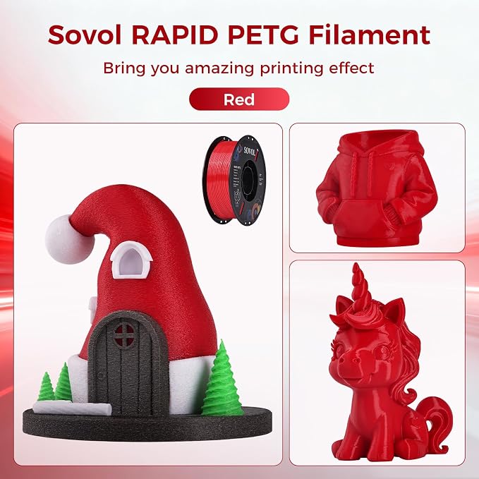 Sovol 3D Printer Rapid PETG Filament 1.75mm 1KG (2.2lbs), High Precision, Strong Toughness, Wiring Tightness, Dimensional Accuracy +/- 0.03 mm, 3D Printing High Speed PETG Filaments, Red