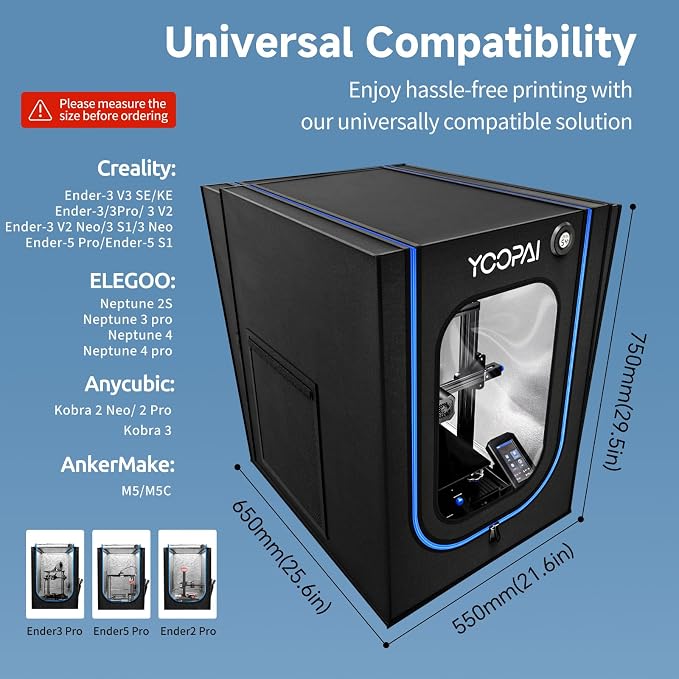 YOOPAI 3D Printer Enclosure with Ventilation Kit & LED, Premium Fireproof Dustproof Constant Temperature Protective Cover for Creality Ender 3 V3 SE/KE/Ender 3/3 Pro/3V2/3S1/Neo/Neptune 4/3 pro 4pro