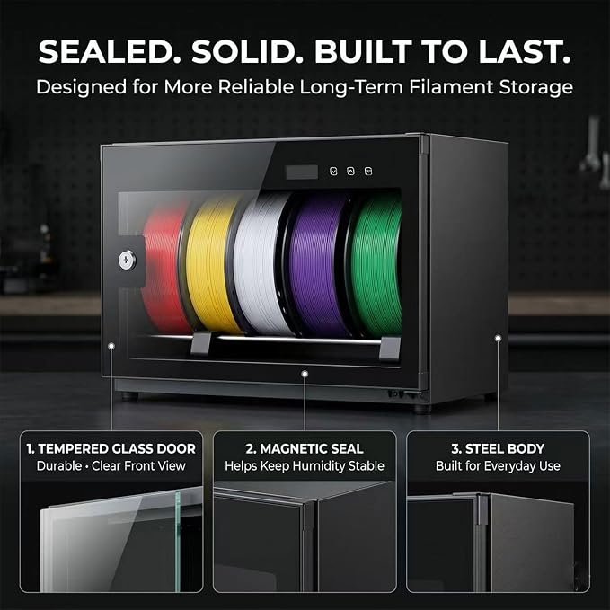 3D Printer Filament Storage Box, 6-Spool Airtight Dry Cabinet with Auto Humidity Control (23%–60% RH), Tempered Glass Door, No Desiccant Needed, for PLA PETG ABS TPU