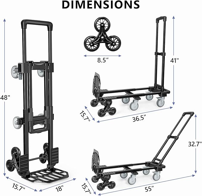 KEDSUM 3-in-1 Convertible Stair Climbing Dolly, 660LBS Heavy Duty Dolly Cart with Wheels, Hand Truck with Adjustable Handle Angle & Expandable Base for Home, Warehouses, 10-Wheel Design with Brakes