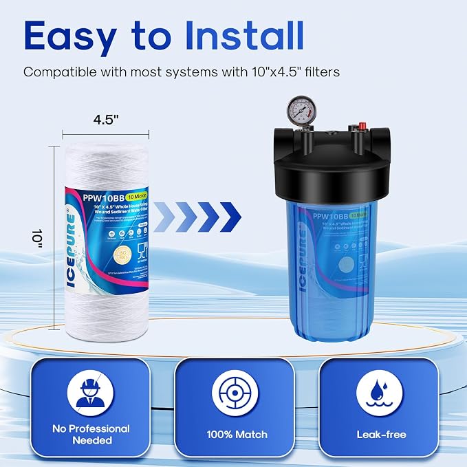 ICEPURE 10 Micron 10”*4.5'' Whole House Sediment String Wound Water Filter Replacement filter for 84637, WPX5BB97P, PC10, 355214-45, 355215-45, WP10BB97P, WP5BB97P, 4 PACK