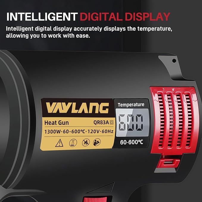 Digital Display Heat Gun 1300W, Variable Temperature 122°F-1202°F/50°C-650°C, 5 Speed & Temp Settings, Overheat Protection with 4 Nozzles for Shrink Wrapping, Electronics, Crafts