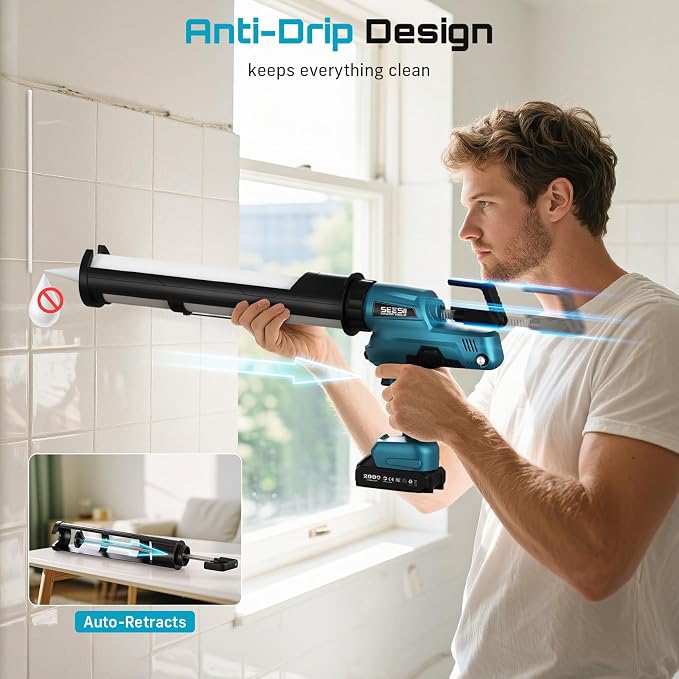 SEESII Electric Caulking Gun 29oz, Cordless Caulk Gun with 2x 2000mAh Battery, Stepless Speed, Anti-Drip, Led Light, Battery Powered Caulking Gun for Filling, Sealing