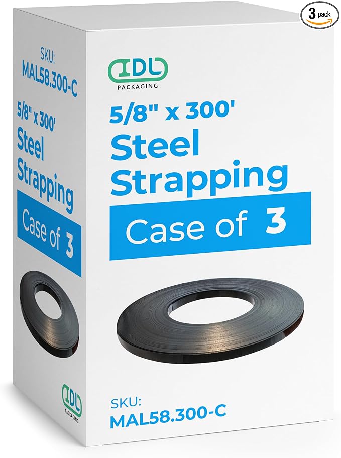 Steel Strapping Coil 5/8" x .020" x 300' (3-Pack), 1400 lbs Break Strength in Self-Dispensed Сardboard Box - Metal Band - Portable Strong Metal Banding with Superior Cut-Resistance by IDL Packaging