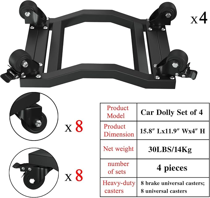 Car Dolly Set of 4, 6,800 lb Capacity - Industrial Grade Stainless Steel Vehicle Moving Dollies with Locking Caster Wheels & U-Shaped Design for Cars, SUVs, Trucks, Trailers
