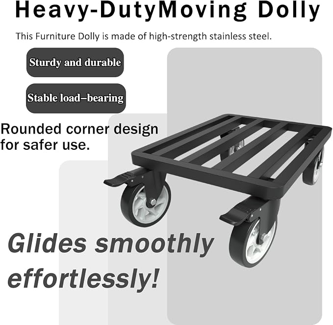 Heavy-Duty Stainless Steel Furniture Dolly, 18'' x 14'' Furniture Mover with 1200LB Capacity, 5'' Swivel Casters & Tie-Down Straps for Secure Transport