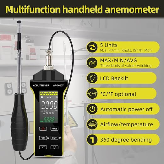 Hot Wire Anemometer Handheld CFM/CMM Air Flow Meter with 360° Revolve Telescopic Probe Measures Airflow and Temperature in Air Flow Velocity for HVAC Cone Duct-AP-5000Y