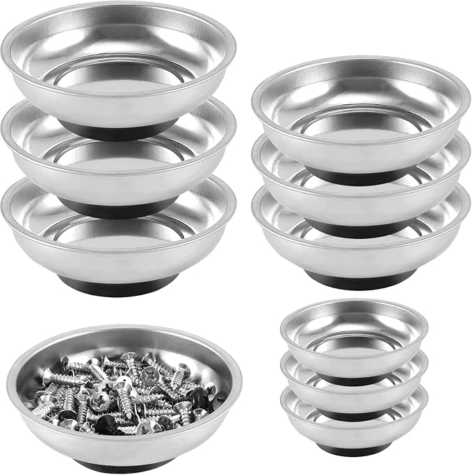 FUNSUEI 9 Packs 3/4/6 Inches Magnetic Tray Set, Stainless Steel Magnetic Bowl, Round Magnetic Parts Tray for Pins, Screws, Bolts, Nuts, Small Parts