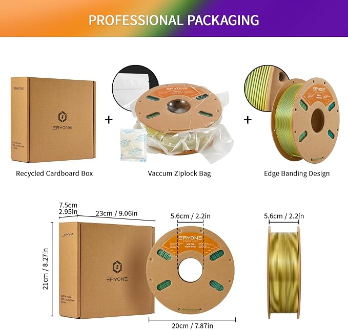 ERYONE Silk Tri Color PLA Filament 3D Printer 1.75mm +/- 0.03mm, Multicolor Filament Tricolor PLA 1KG(2.2lbs) Cardboard Spool, Green Purple Yellow