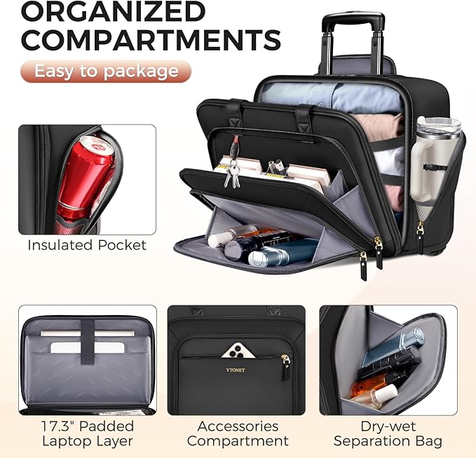 Ytonet Rolling Laptop Bag Women, 17.3 Inch Laptop Briefcase with Large Cup Holder, Carry On Luggage with Insulated & Waterproof Pocket, Roller Bag with Lock, Teacher Bag for Work Travel,Black