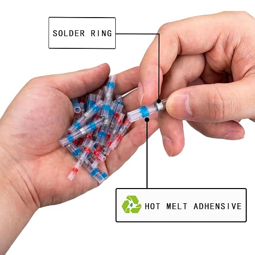 100PCS Solder Seal Wire Connectors, Heat Shrink Wire Connectors Kit, Waterproof Heat Shrink Butt Connectors for Marine Automotive Boat Truck RV Wiring, AWG 22-18, 1 Sizes, Blue
