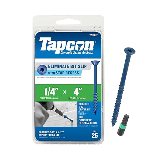 Tapcon 1/4 x 4 Inch Blue Climaseal® Star Head Concrete Anchors, 25 PCS, Corrosion Resistant Coating, Heavy-Duty Concrete and Masonry Screws, Superior Holding Strength, Drill Bit Sold Separately