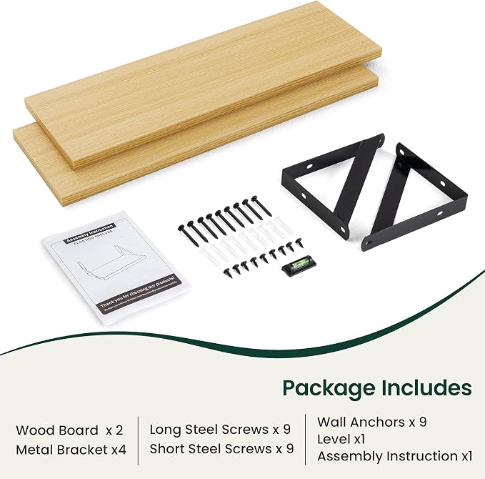 Floating Shelves 8 Inch Deep, 24W x 8D Wall Shelf Set of 2, 50 lbs Heavy Duty Reversible Metal Brackets, Industrial Book Shelf for Living Room Kitchen Bathroom Bedroom Gallery Wall, Oak