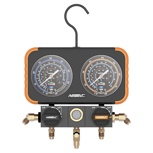 NAVAC N2A4B Manifold Gauge - Class 1.0 Accuracy, Impact-Resistant, Manifold Gauge for HVAC with Quarter-Turn Ball Valve Handles & Strengthened Folding Hook Design, Easy to Carry, Hose Not Included